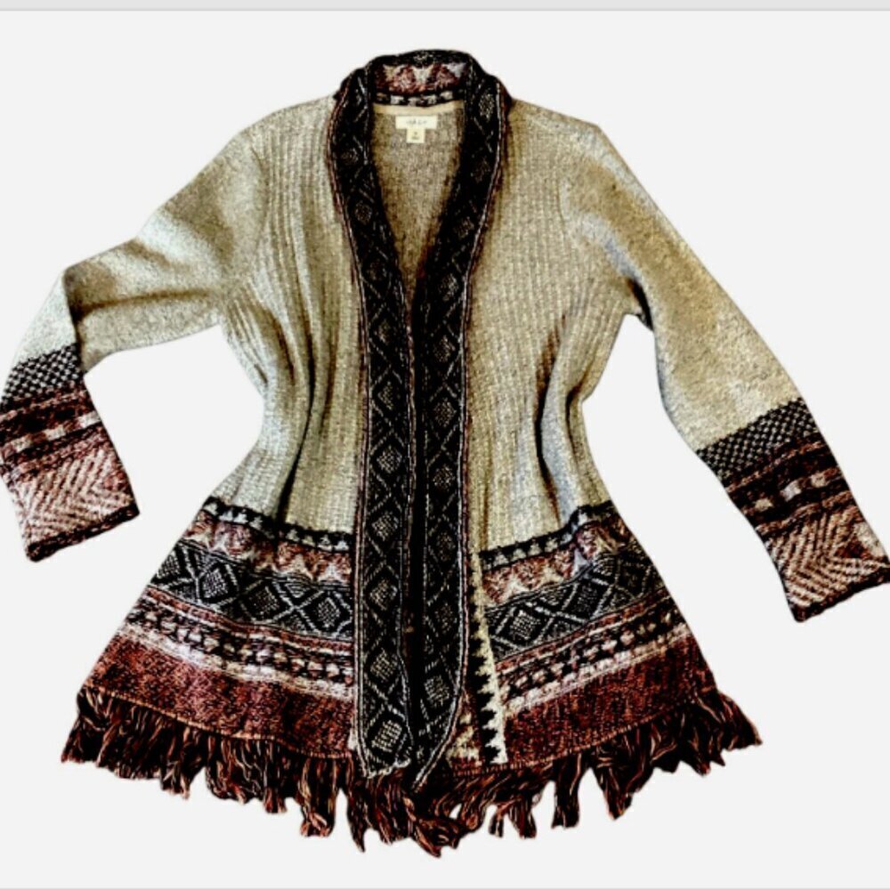 Style & Co BOHO Fringed Open Cardigan Sweater Sz M Cotton‎ Blend #49N